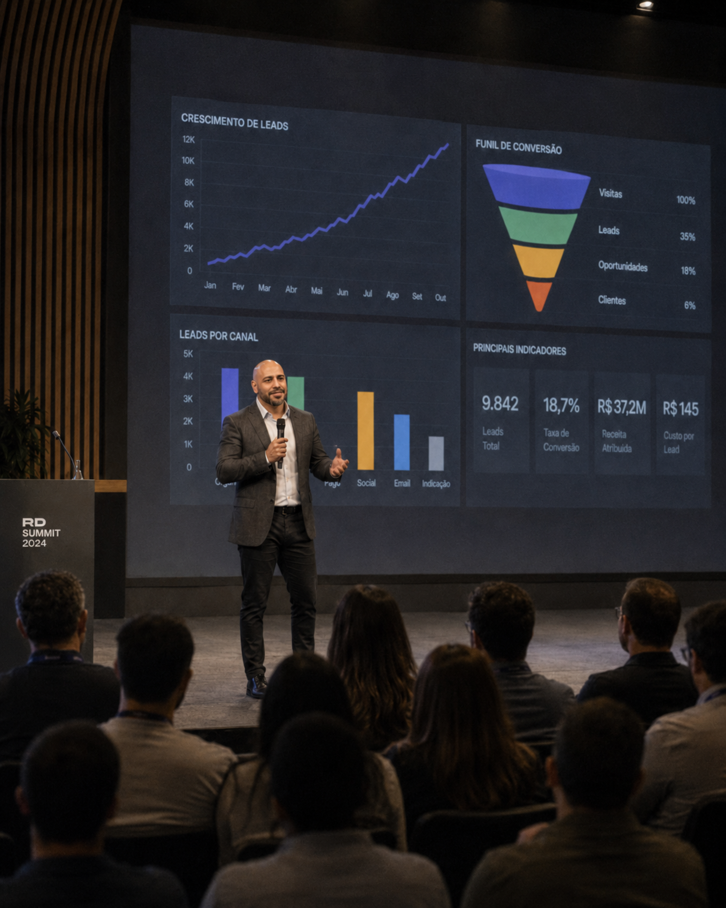 Leandro Manique em palestra sobre marketing e IA aplicada a negócios B2B